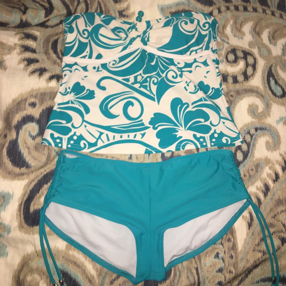 Teal and White Tankini Swimsuit